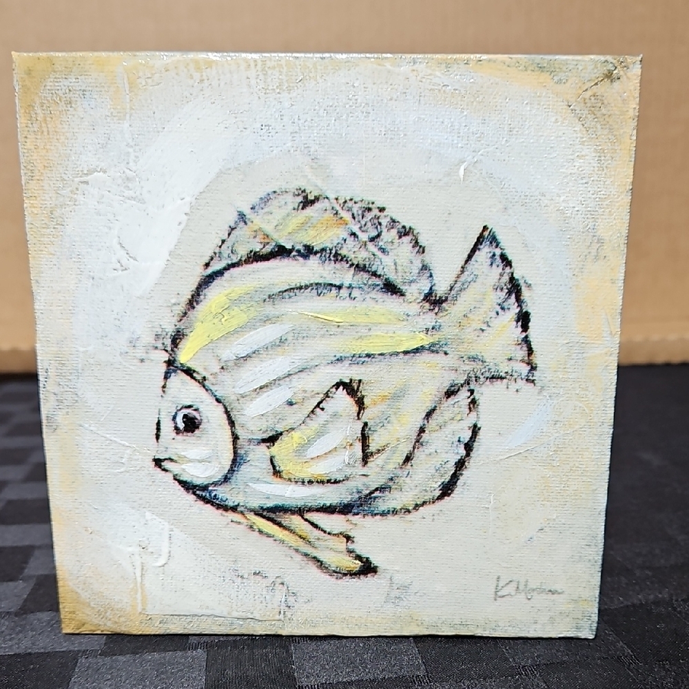 Kellie Montana Signed Mixed Media Whimsical Fish Folk Art on Stretched Canvas